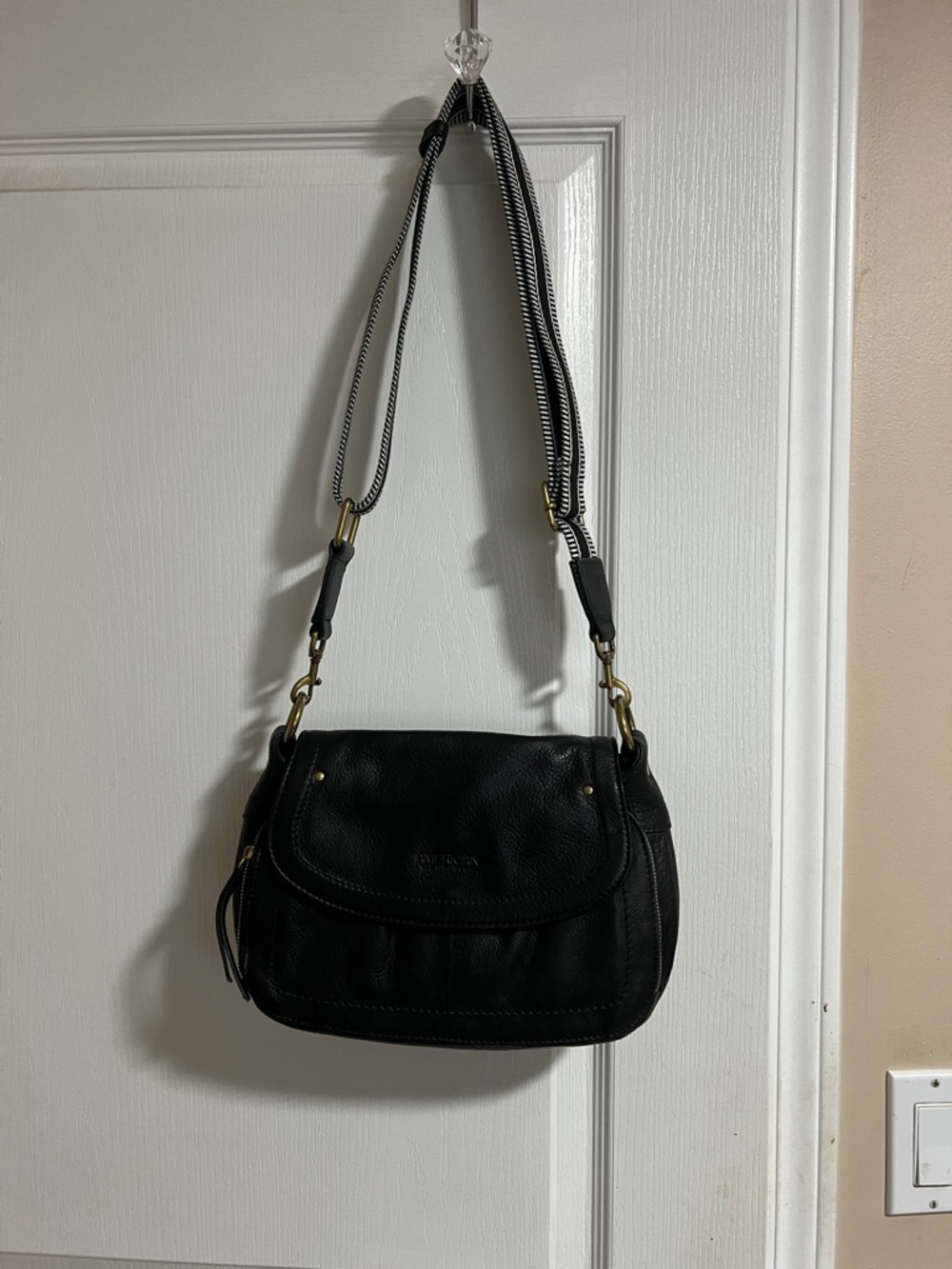 American Leather Co Black Leather Crossbody with Striped Canvas Strap - Picture 9 of 15